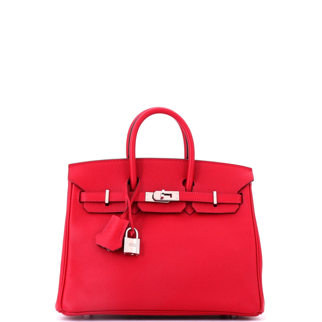 Hermes Birkin Handbag Red Epsom with Palladium Hardware: Red Epsom Birkin with palladium hardware, 10 in wide, 8 in high and 5 in deep. The smaller size keeps a strong color manageable. Grade C - Very Good throughout. Maison de Beaubigonne authenticity