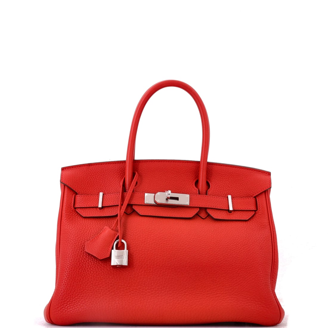 Hermes Birkin Handbag Red Togo with Palladium Hardware: Cool fittings sharpen the grain and keep this red from warming, on a Togo Birkin at 11.5 in wide, 9 in high and 6 in deep. Grained red reads deeper in person than it photographs, which is worth