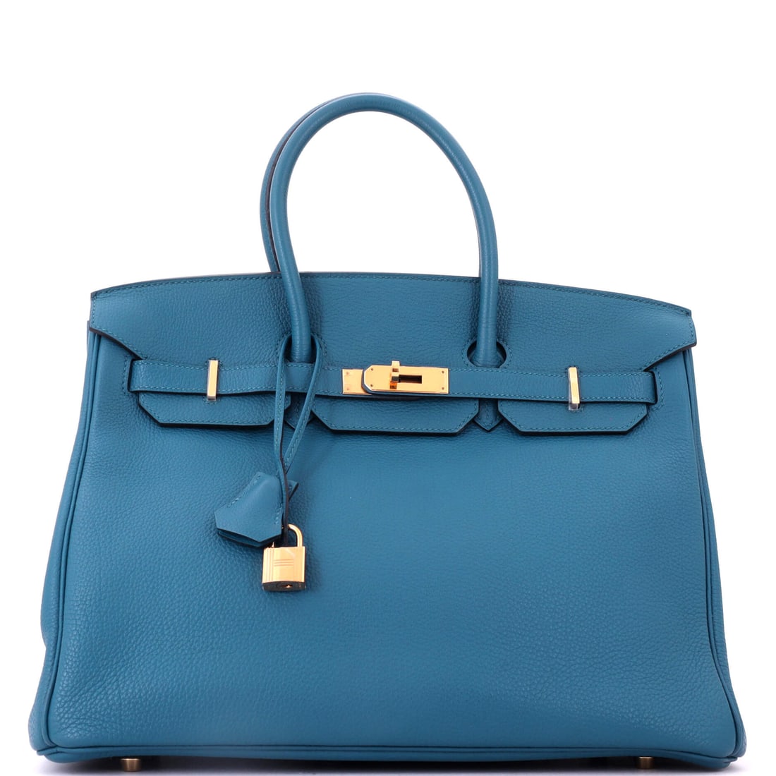 Hermes Birkin Handbag Blue Togo with Gold Hardware: Blue Togo, gold hardware, 14 in wide, 10 in high and 7 in deep. A weekend-scale Birkin in a color that stays wearable past the season. Grade B - Excellent. Maison de Beaubigonne authenticity