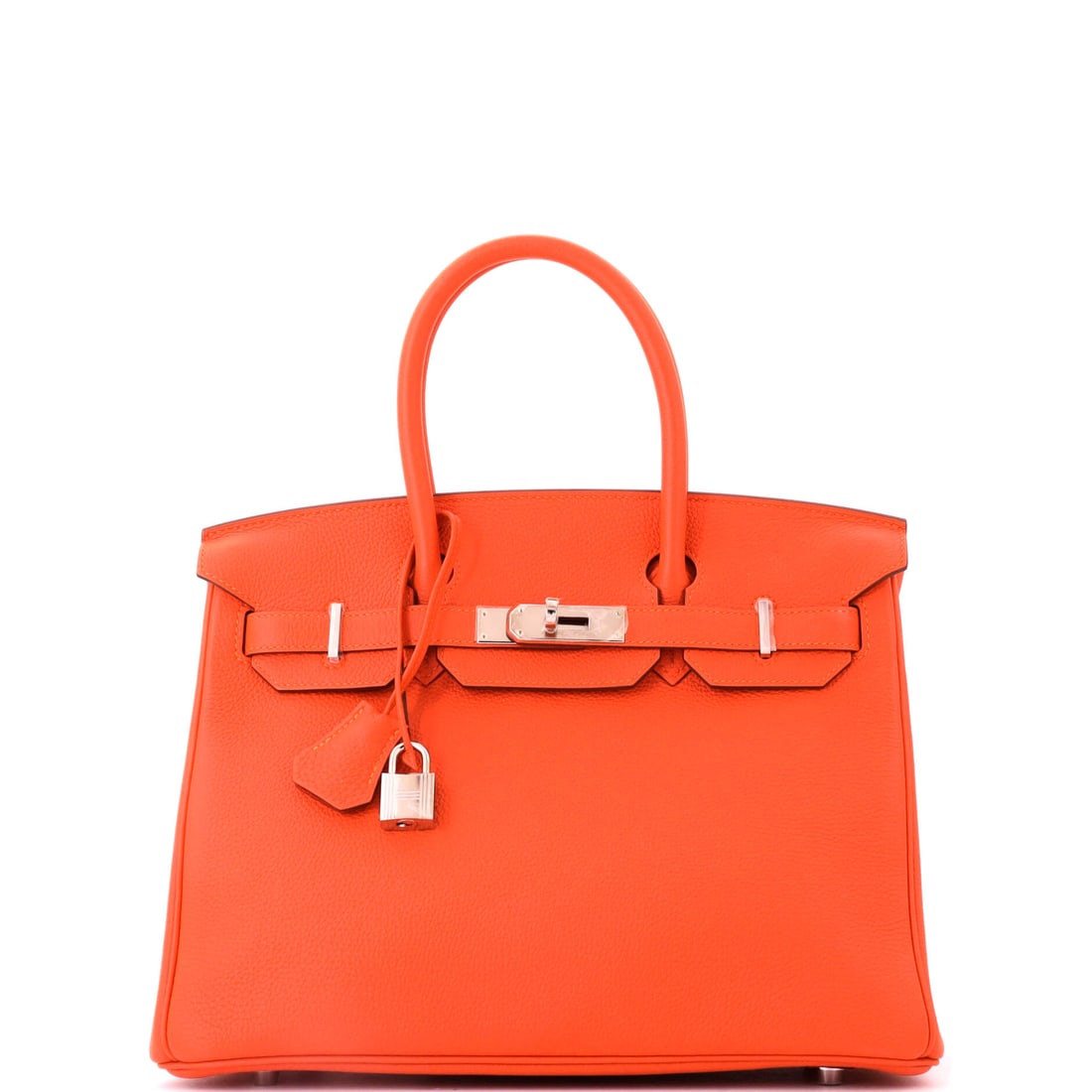 Hermes Birkin Handbag Orange Togo with Palladium Hardware: Orange Togo with palladium hardware on a Birkin at 11.5 in wide, 9 in high and 6 in deep. Cool fittings give the house color an unexpectedly modern edge against the grain. Offered in Grade B -