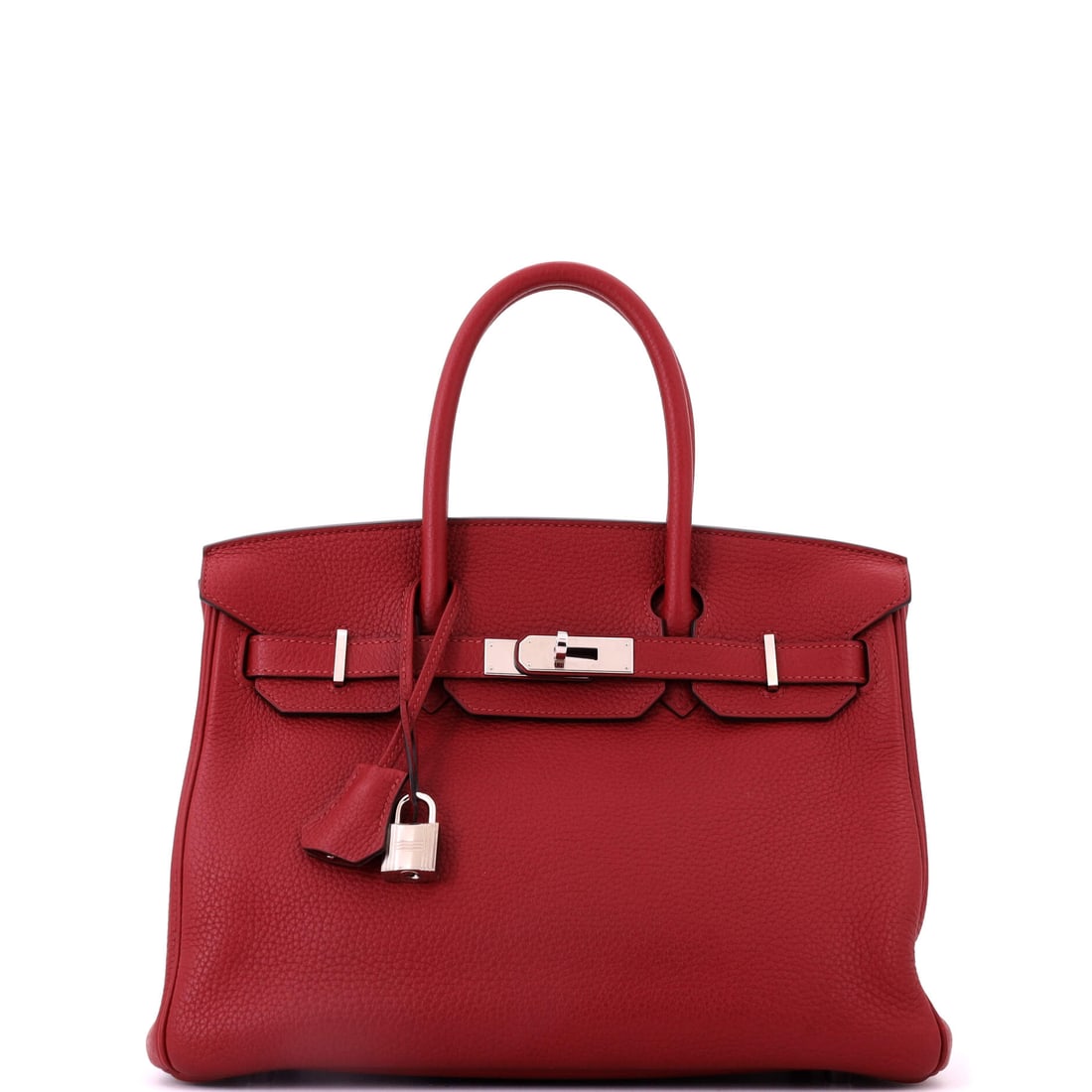 Hermes Birkin Handbag Red Togo with Palladium Hardware: A full working Birkin size in a color that has never lost ground at auction: 12 in wide, 9 in high and 6 in deep, red Togo with palladium hardware. The 12 in width sits between everyday and travel,