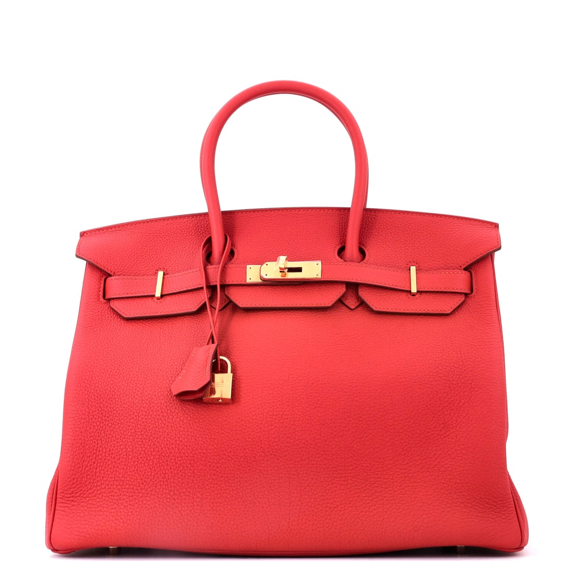 Hermes Birkin Handbag Red Togo with Gold Hardware: A red Togo Birkin at 13.5 in wide, 10 in high and 7 in deep. Color on a Birkin at travel scale is a rarer proposition than the neutrals, and a bolder one. Grade B - Excellent. Maison de Beaubigonne