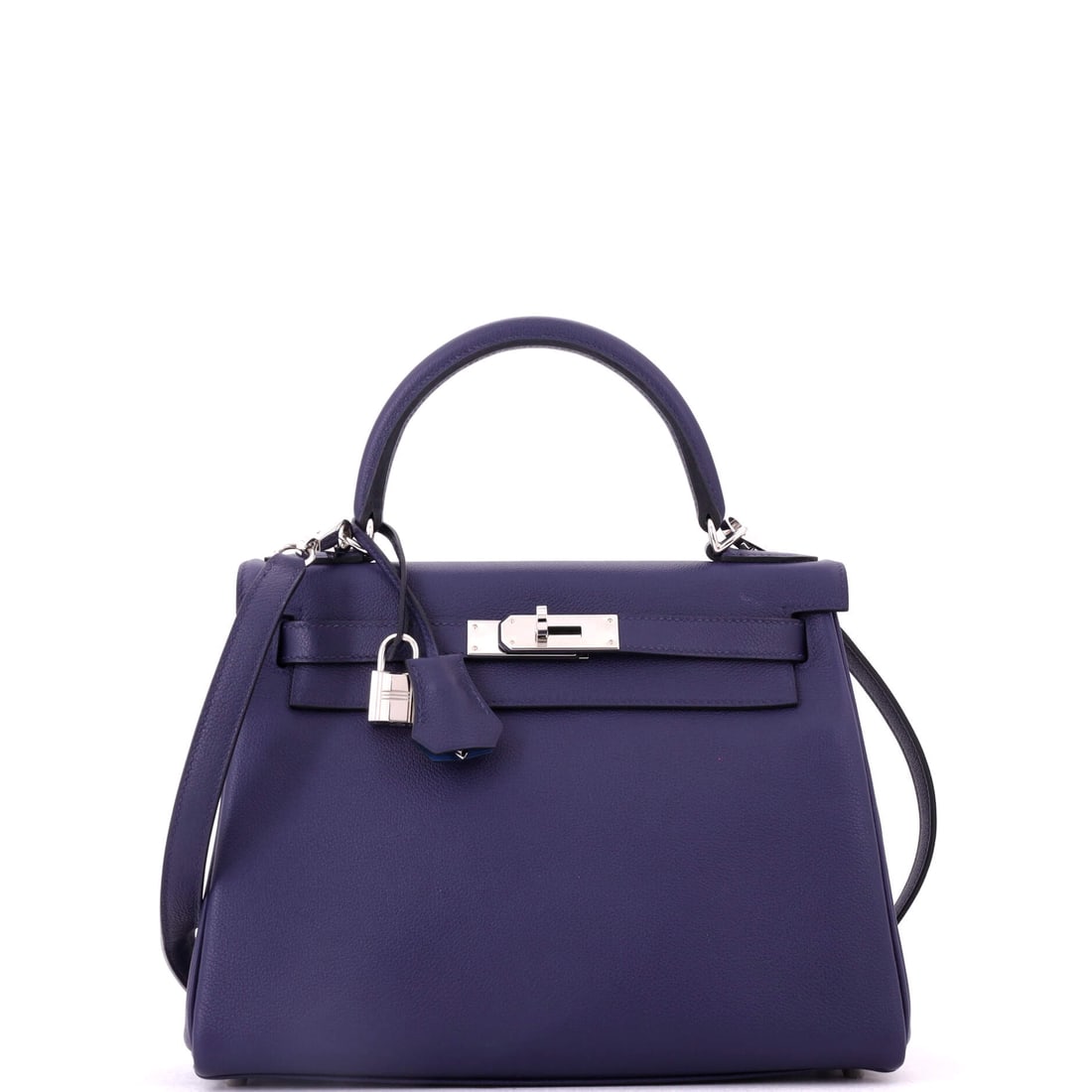 Hermes Kelly Handbag Verso Evercolor with Palladium Hardware: A Verso Kelly in Evercolor with palladium hardware, 10.5 in wide, 8 in high and 4.5 in deep. The contrast lining is the collector's detail here; the exterior stays deliberately plain. Grade C - Very