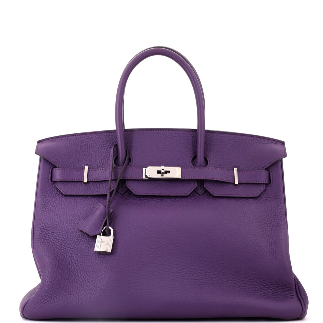 Hermes Birkin Handbag Purple Clemence with Palladium Hardware: Purple Clemence at travel scale, 14 in wide, 10 in high and 7 in deep, with palladium hardware. Purple is scarce in Hermes production, and a Birkin this size in it is scarcer still. Grade B -