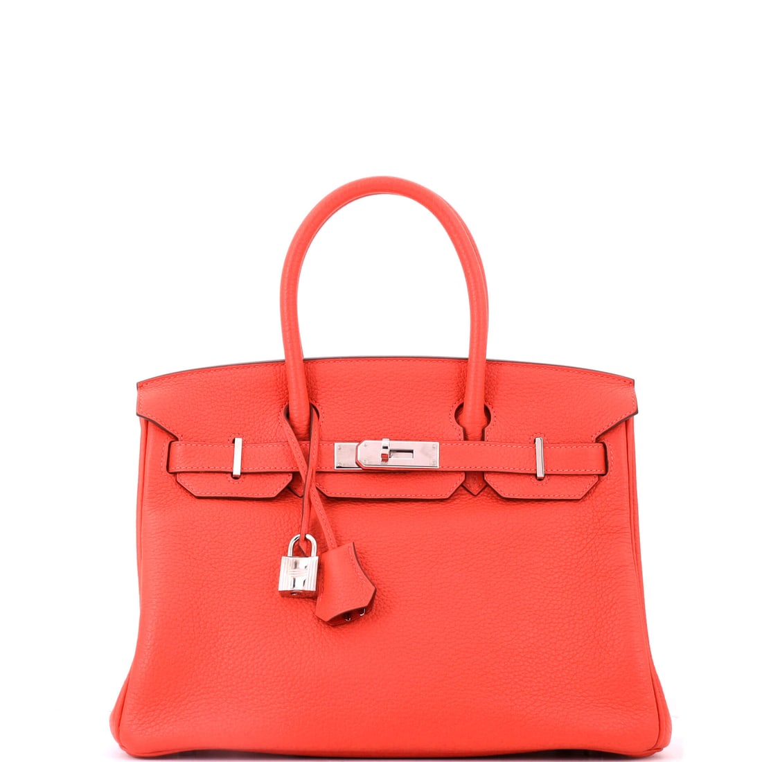 Hermes Birkin Handbag Orange Togo with Palladium Hardware: Orange Togo Birkin, palladium hardware, 11.5 in wide, 9 in high and 6 in deep. The house color with the cooler of the two standard finishes. Grade B - Excellent. Maison de Beaubigonne authenticity