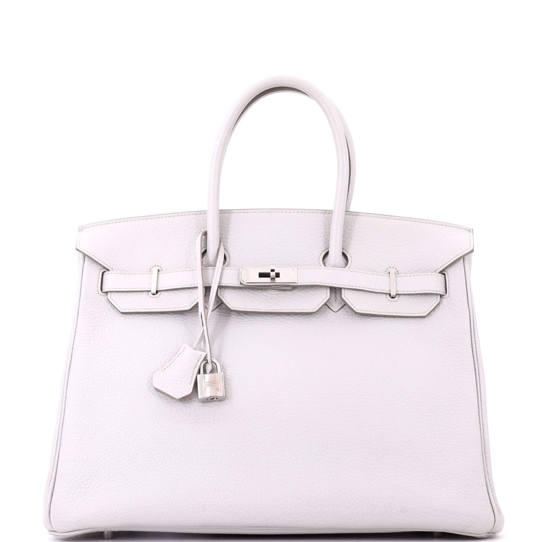 Hermes Birkin Handbag Grey Clemence with Palladium Hardware: Grey Clemence Birkin with palladium hardware, 14 in wide, 10 in high and 7 in deep. Clemence at travel scale gives the bag a soft, heavy fall rather than a rigid box. Grade B - Excellent. Maison de Be