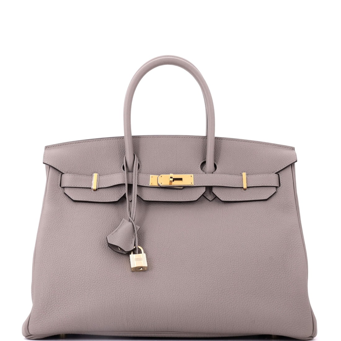 Hermes Birkin Handbag Grey Togo with Gold Hardware: A neutral travel Birkin that has clearly been used as one: grey Togo with gold hardware, 13.5 in wide, 10 in high and 7 in deep. Grey has become the third neutral for buyers who already own black and