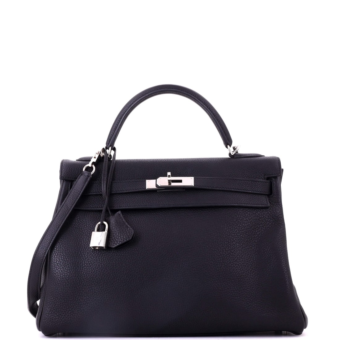 Hermes Kelly Handbag Black Togo with Palladium Hardware: Wide Kellys have thinned out in current production, which has quietly made this 13 in format scarcer. Black Togo with palladium hardware, 9 in high and 4 in deep. Grade C - Very Good. Maison de