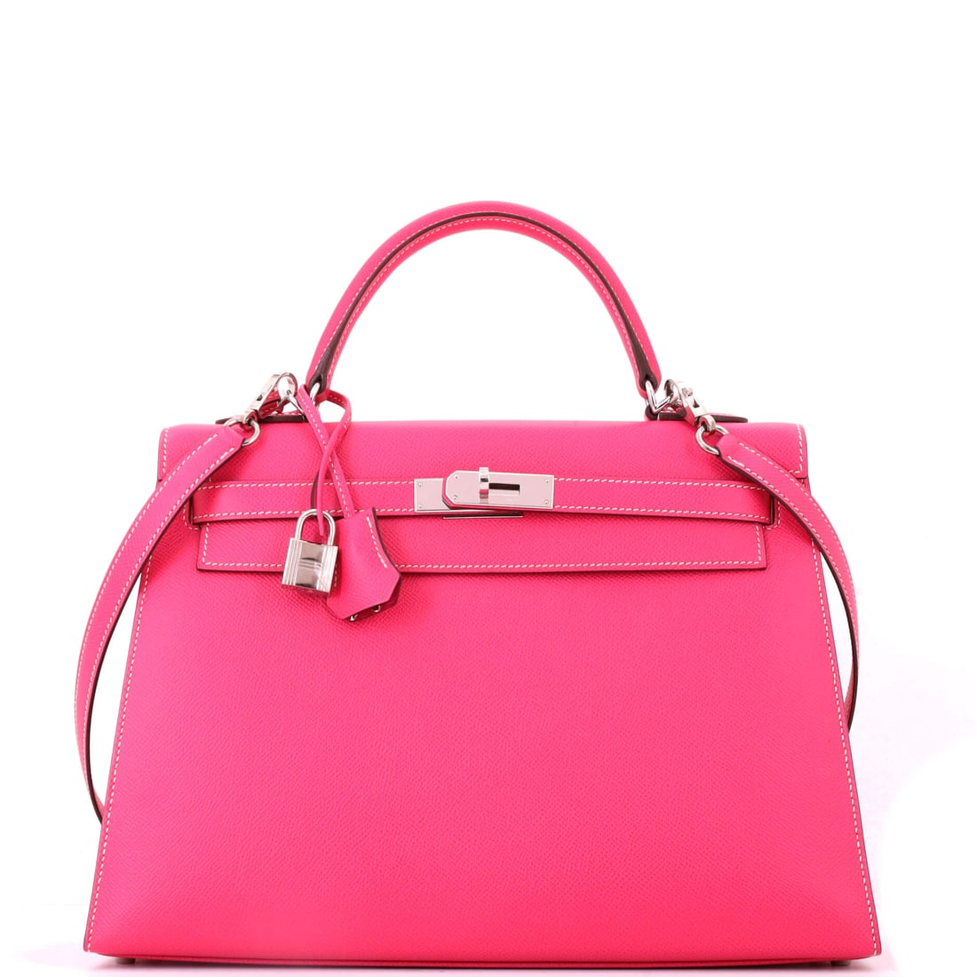 Hermes Kelly Handbag Pink Epsom with Palladium Hardware: Pink Epsom with palladium hardware on a Kelly at 12.5 in wide, 9 in high and 4 in deep. Color at this width is unusual, and the cool metal keeps it from softening. Grade C - Very Good. Maison de