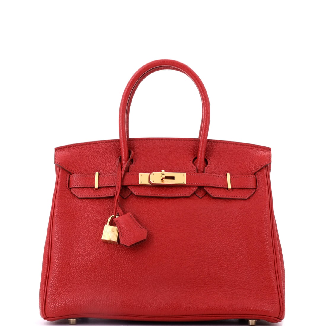 Hermes Birkin Handbag Red Togo with Gold Hardware: Wear reads gently on Togo, and this red Birkin measures 12 in wide, 9 in high and 6 in deep with gold hardware. Warm fittings pull the red toward burgundy rather than brightening it. Grade C - Very Go