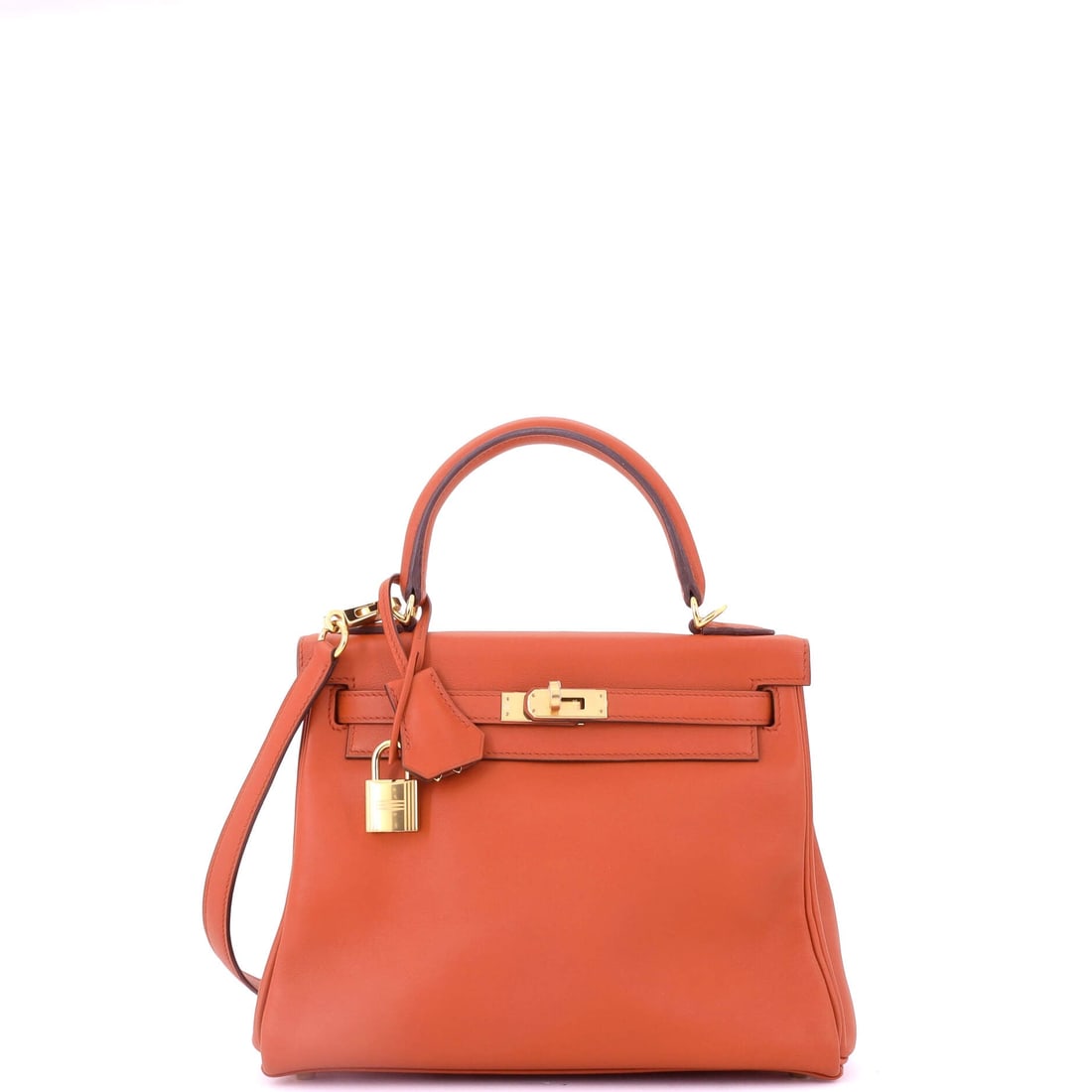 Hermes Kelly Handbag Orange Swift with Gold Hardware: Orange Swift Kelly with gold hardware, 9 in wide, 8 in high and 4 in deep. The softest leather Hermes uses on this model, in the color most identified with the house. It comes in Grade C - Very Good