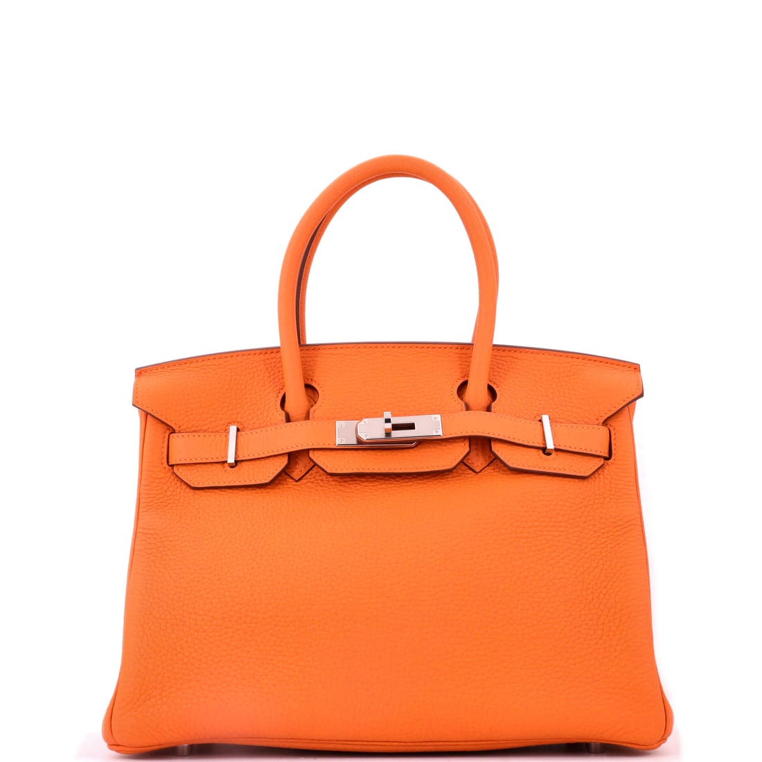 Hermes Birkin Handbag Orange Clemence with Palladium Hardware: Orange Clemence with palladium hardware, 11.5 in wide, 9 in high and 6 in deep. Clemence takes the house color to a matte depth that Epsom flattens, and gives the Birkin a softer body. Grade C - Very