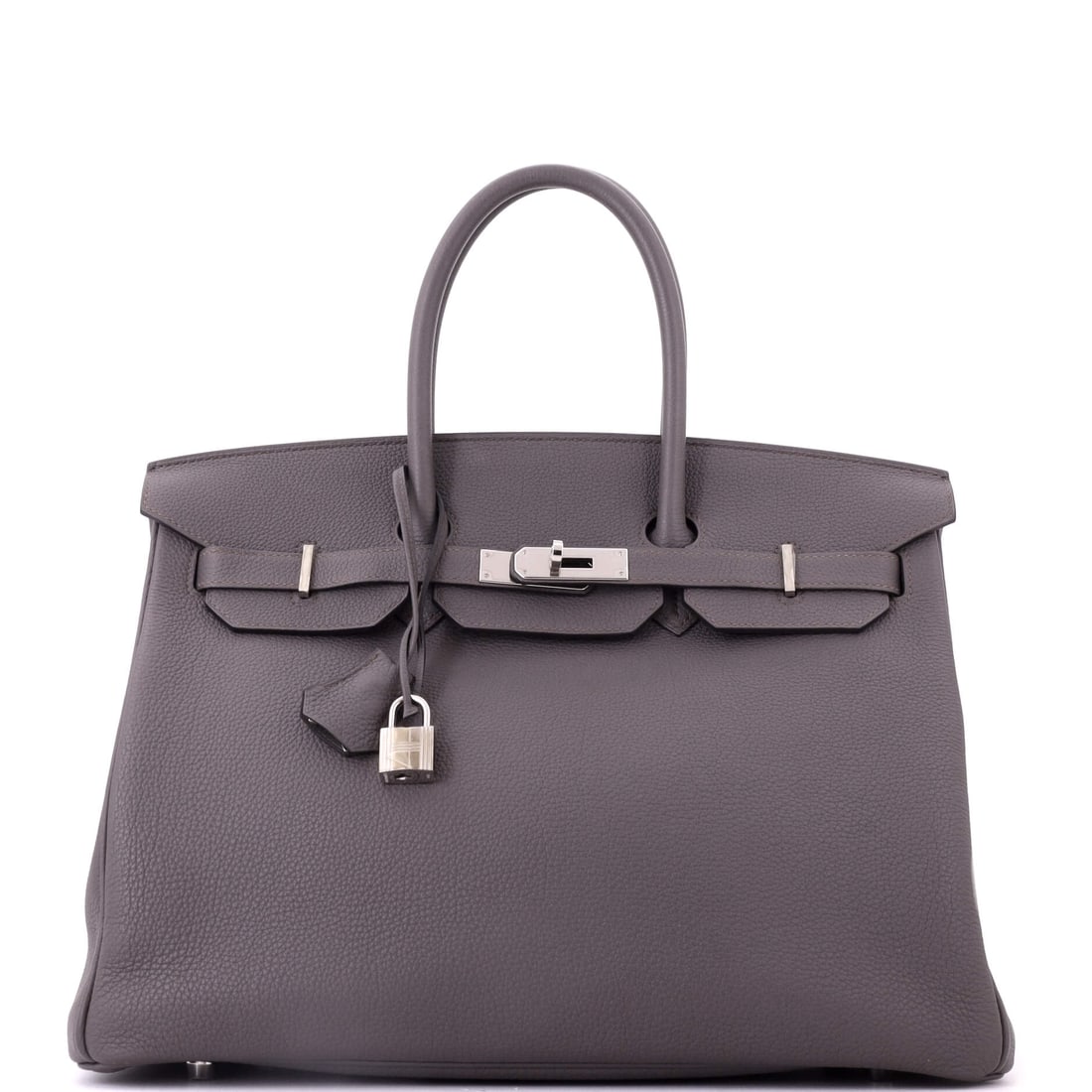 Hermes Birkin Handbag Grey Togo with Palladium Hardware: Cool grey with palladium fittings on a Birkin at 13 in wide, 10 in high and 7 in deep. Shows as Grade C - Very Good. Nothing about the bag asks for attention, which is its argument. Maison de