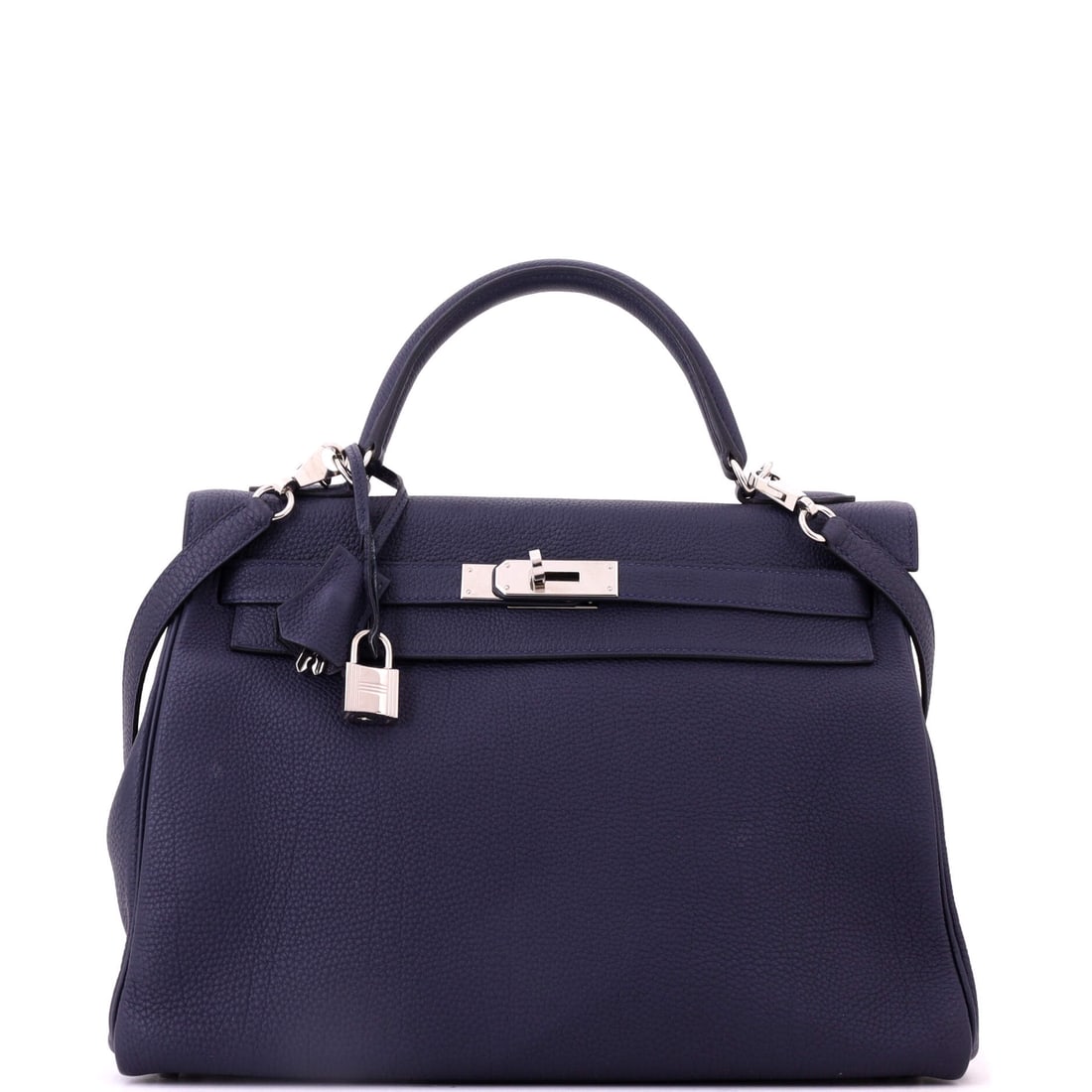 Hermes Kelly Handbag Blue Togo with Palladium Hardware: A wide 12.5 in Kelly with 9 in height and 4 in depth, in blue Togo with palladium hardware. Enough width for a working day without losing the model's line. Grade C - Very Good. Maison de Beaubigonne
