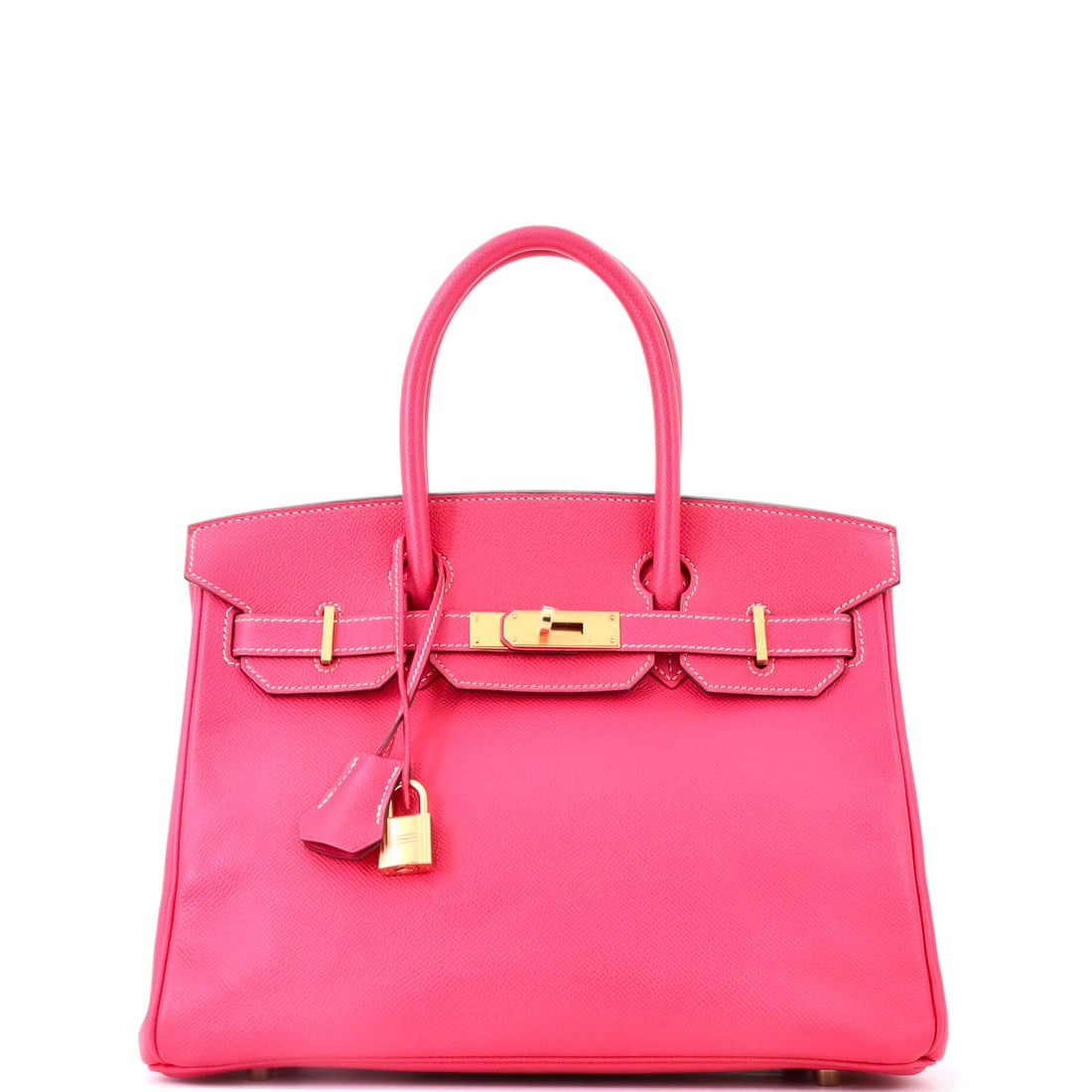 Hermes Birkin Handbag Pink Epsom with Gold Hardware: Pink Epsom with gold hardware, 12 in wide, 9 in high and 6 in deep. Warm metal deepens the pink rather than lifting it, and the structure keeps the Birkin square. Grade C - Very Good. Maison de