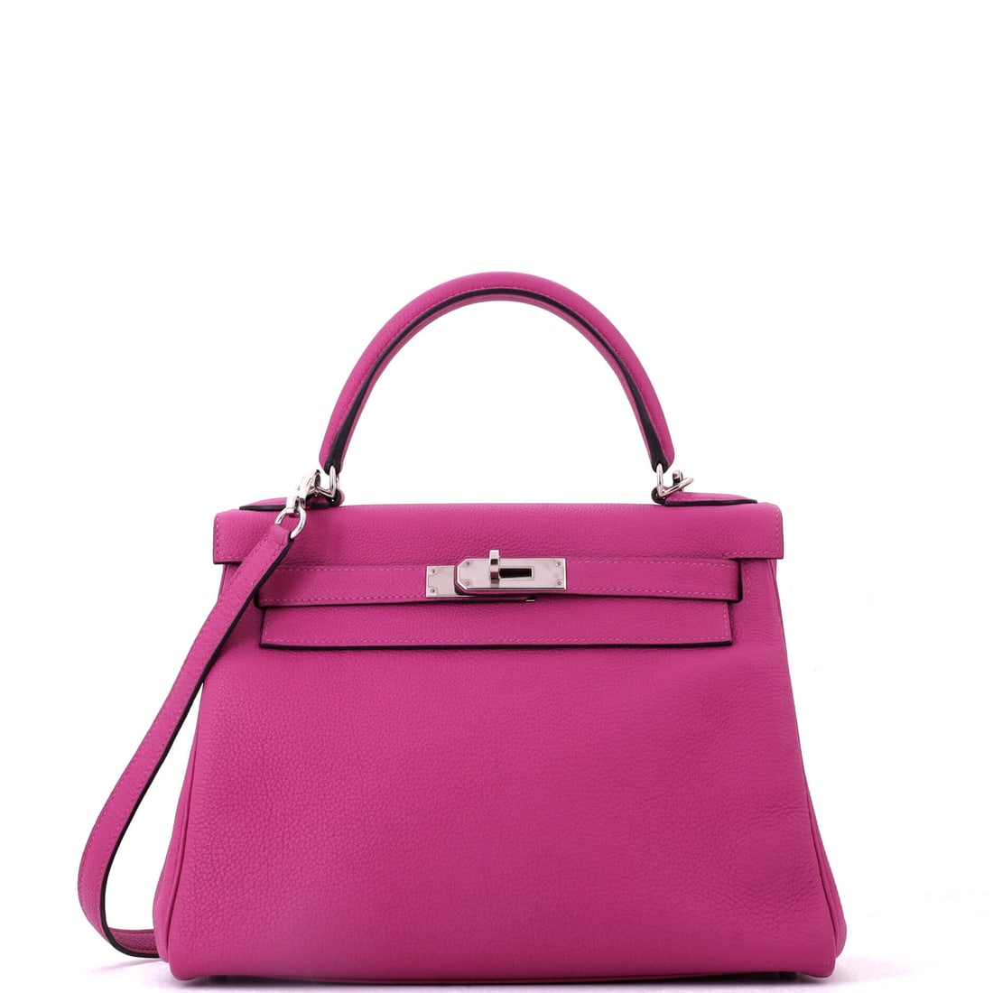 Hermes Kelly Handbag Pink Togo with Palladium Hardware: Pink Togo Kelly with palladium hardware, 11 in wide, 8.5 in high and 4 in deep. Cool metal keeps the color from turning sweet. Assessed at Grade C - Very Good. Maison de Beaubigonne authenticity