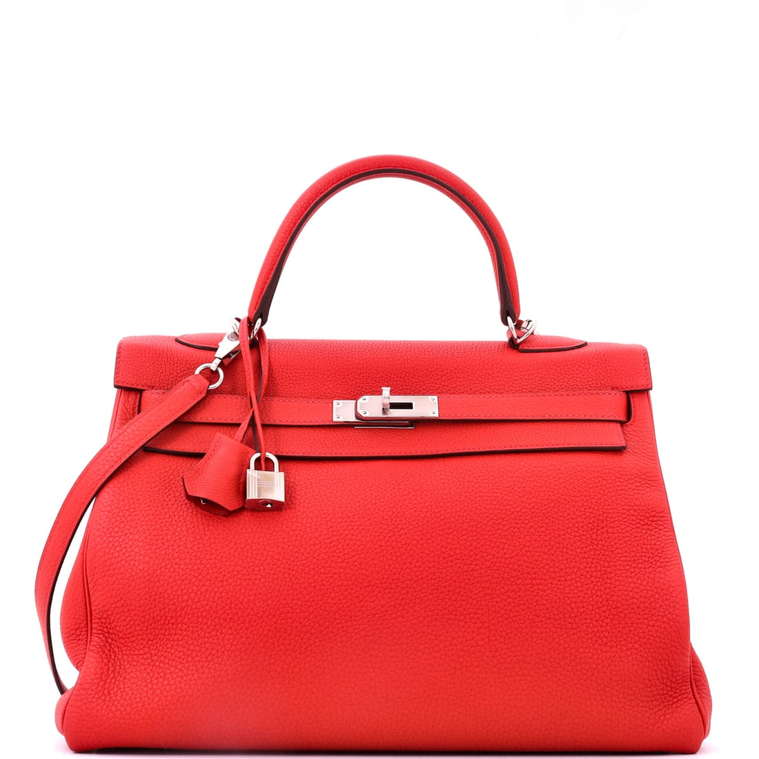 Hermes Kelly Handbag Red Togo with Palladium Hardware: A large 13.5 in Kelly, 10 in high and 5 in deep, in red Togo with palladium hardware. Color at this scale is a rarer proposition than the neutrals. Grade C - Very Good. Maison de Beaubigonne
