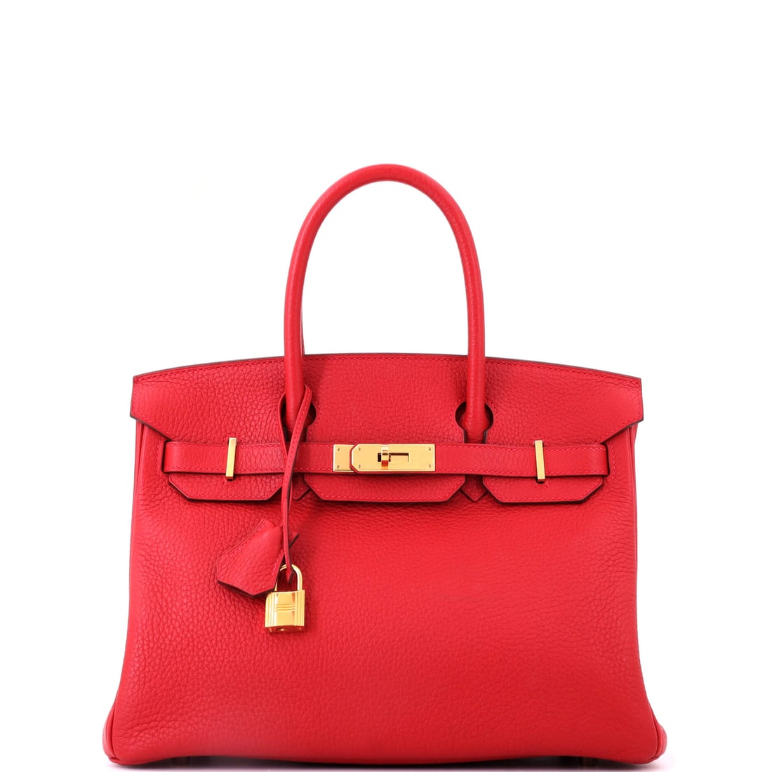 Hermes Birkin Handbag Red Clemence with Gold Hardware: Red Clemence Birkin with gold hardware, 11.5 in wide, 9 in high and 6 in deep. Clemence gives red a matte weight and a softer fall through the body. Shows as Grade C - Very Good. Maison de