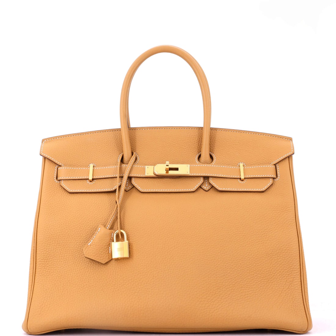 Hermes Birkin Handbag Brown Togo with Gold Hardware: Travel scale at 14 in wide, 10 in high and 7 in deep, in brown Togo with gold hardware. The grain is what lets a Birkin this size take airport handling. Grade C - Very Good. Maison de Beaubigonne