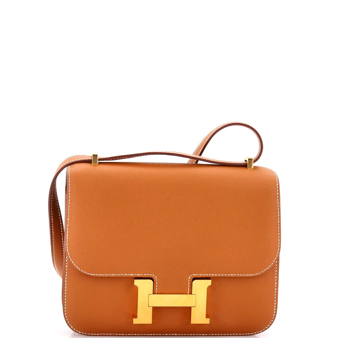 Hermes Constance NM Bag Epsom: Small Constance NM in Epsom, 7 in wide, 6 in high and 2 in deep. At this size the clasp is effectively the entire design. Offered in Grade C - Very Good condition. Maison de Beaubigonne authenticity g