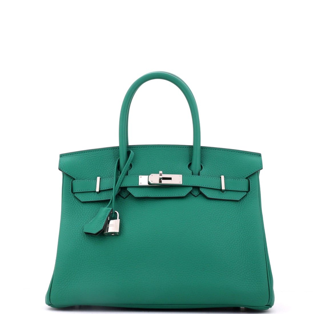 Hermes Birkin Handbag Verso Clemence with Palladium Hardware: Verso Clemence with palladium hardware, 11.5 in wide, 9 in high and 6 in deep. Contrast lining inside, soft grain outside, and a Birkin that reveals its second color only when opened. Grade C - Very