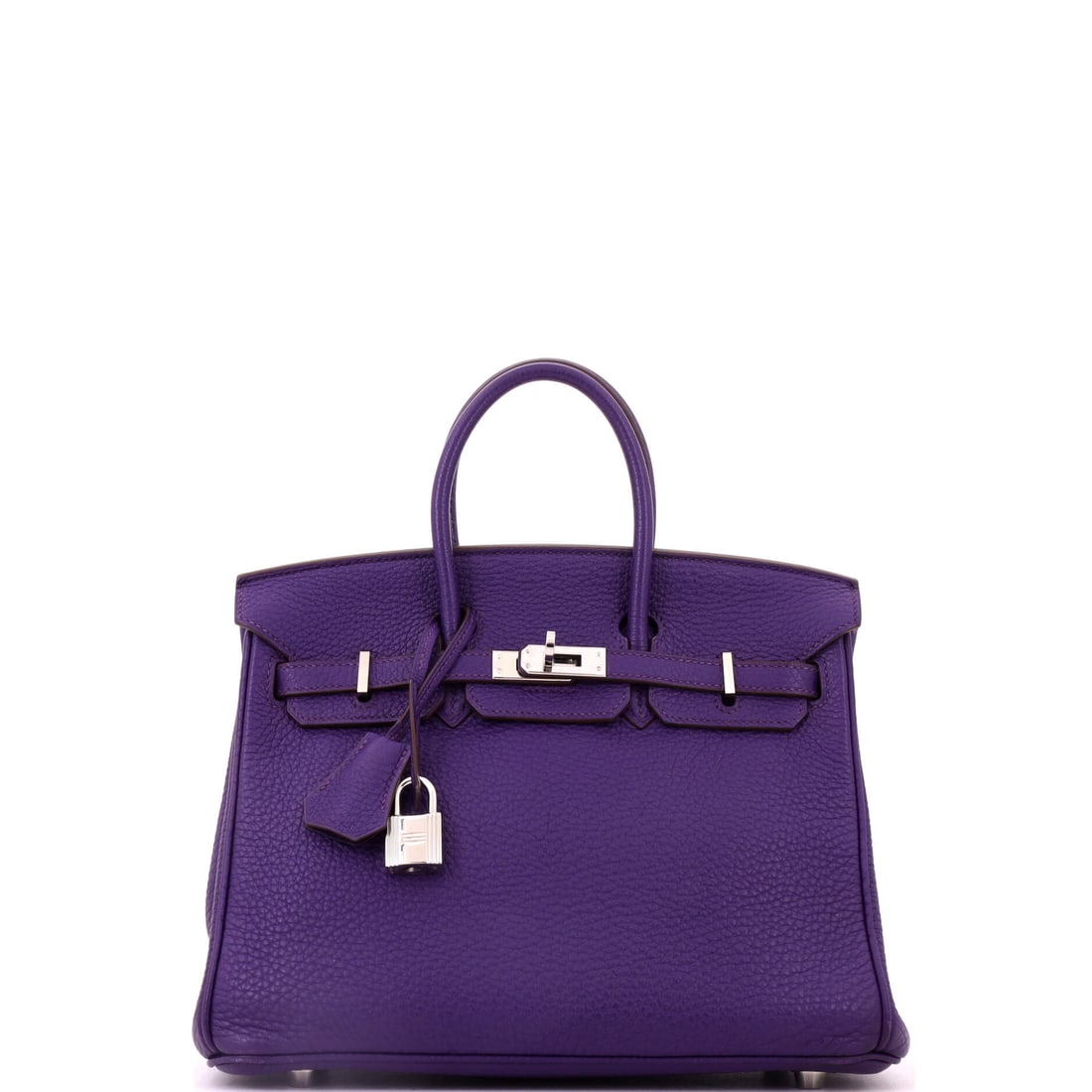 Hermes Birkin Handbag Purple Togo with Palladium Hardware: Purple Togo Birkin with palladium hardware in the compact 9.5 in width, 8 in high and 5 in deep. A scarce color in the size that gets carried most. Offered in Grade C - Very Good condition. Maison de 