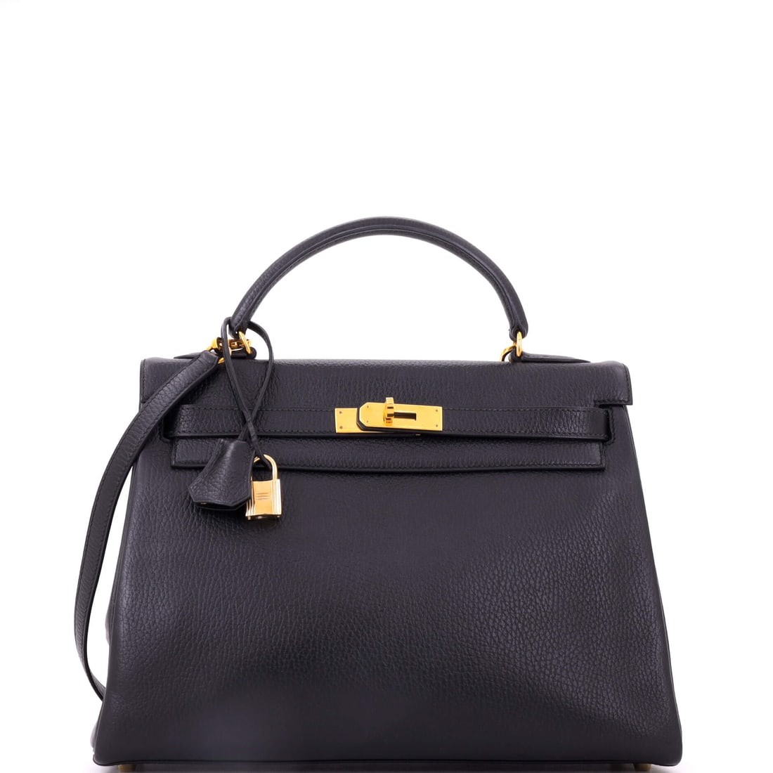 Hermes Kelly Handbag Black Ardennes with Gold Hardware: Ardennes has been out of production for decades, and its heavy grain gives this black Kelly a weight current leathers do not have. Measures 12.5 in wide, 9 in high and 4 in deep, with gold hardware.