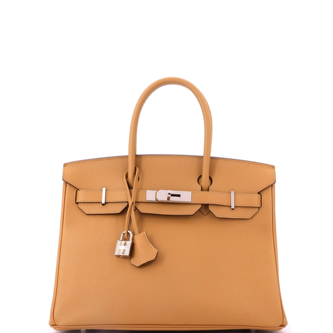 Hermes Birkin Handbag Brown Epsom with Palladium Hardware: Brown Epsom Birkin with palladium hardware, 12 in wide, 9 in high and 6 in deep. Structure holds the shape square; the cool fittings keep the brown from reading warm. Grade C - Very Good. Maison de Be