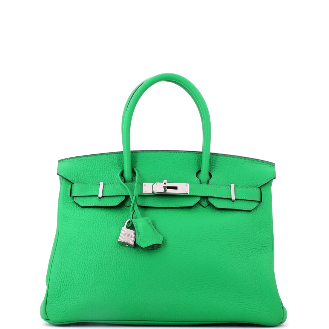 Hermes Birkin Handbag Green Clemence with Palladium Hardware: Green Clemence with palladium hardware, 12 in wide, 9 in high and 6 in deep. Soft grain, cool fittings and a color Hermes has committed to heavily across recent Birkin production. Grade C - Very
