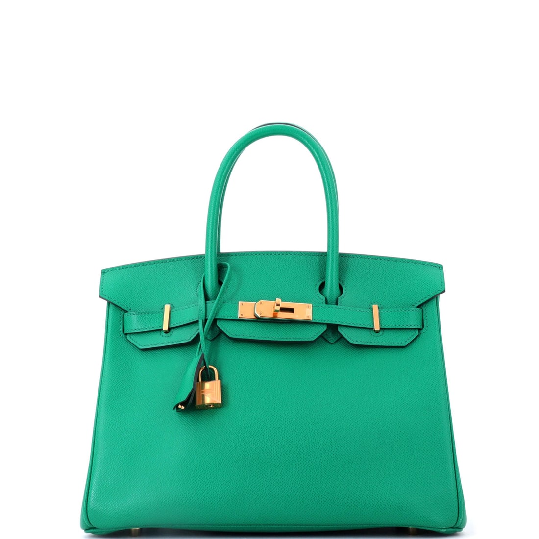 Hermes Birkin Handbag Green Epsom with Gold Hardware: Green Epsom Birkin with gold hardware, 12 in wide, 9 in high and 6 in deep. Warm metal shifts the green toward olive, which wears more easily. Grade C - Very Good. Maison de Beaubigonne authenticity g
