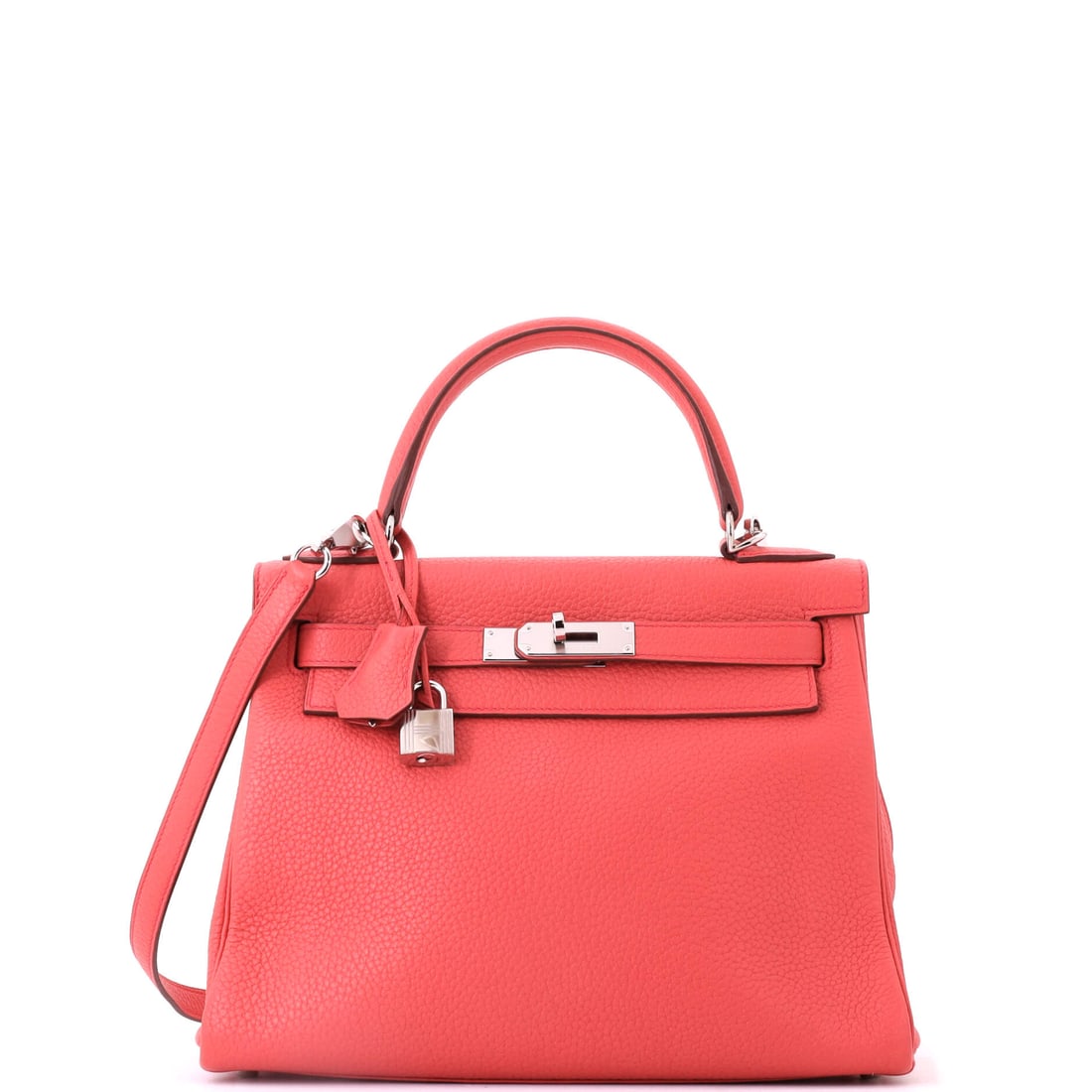 Hermes Kelly Handbag Pink Clemence with Palladium Hardware: Pink Clemence with palladium hardware on a Kelly at 11 in wide, 8.5 in high and 4 in deep. Clemence gives pink a chalky depth rather than a shine. Grade C - Very Good. Maison de Beaubigonne