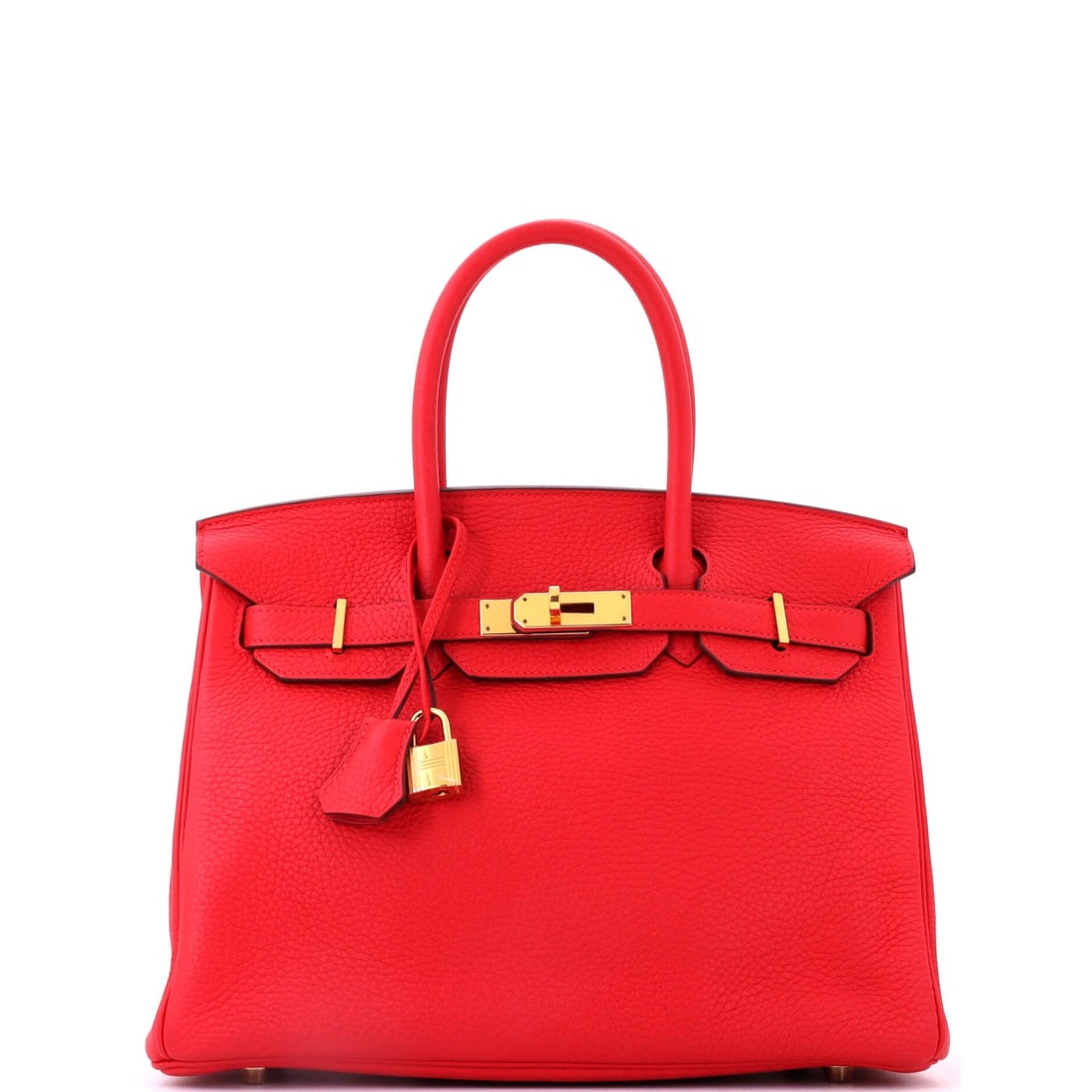 Hermes Birkin Handbag Red Clemence with Gold Hardware: Red Clemence with gold hardware, 11.5 in wide, 9 in high and 6 in deep. The softest way Hermes carries its most identifiable color on a full-size Birkin. Grade C - Very Good. Maison de Beaubigonne