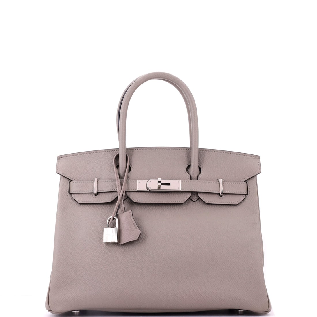 Hermes Birkin Handbag Grey Epsom with Palladium Hardware: Grey Epsom Birkin with palladium hardware, 12 in wide, 9 in high and 6 in deep. Monochrome from leather to fittings, and structured throughout. Shows as Grade C - Very Good. Maison de Beaubigonne