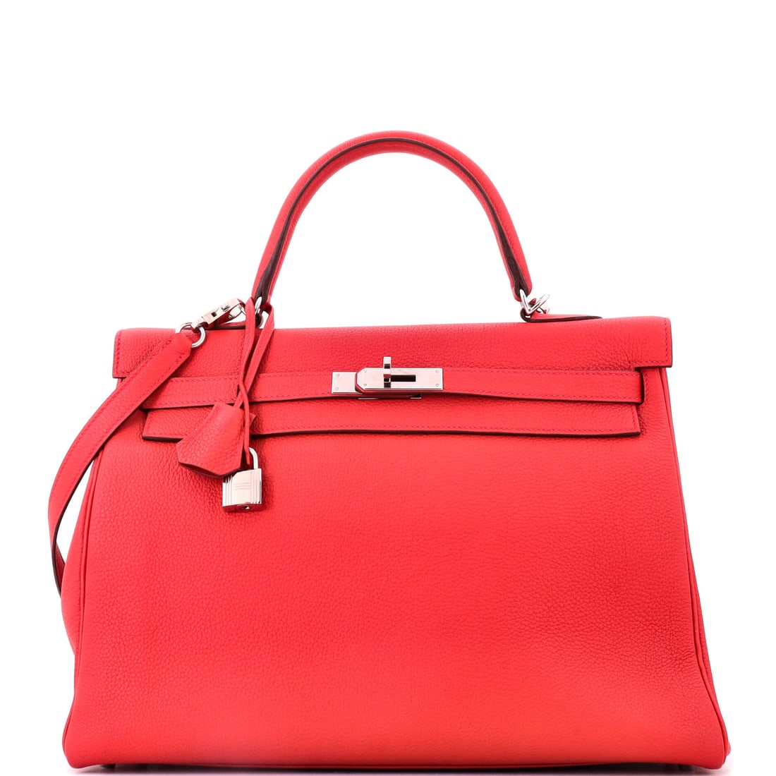 Hermes Kelly Handbag Red Togo with Palladium Hardware: Red Togo Kelly with palladium hardware, 13.5 in wide, 10 in high and 5 in deep. A large format in a color that usually appears on smaller bags. Grade C - Very Good. Maison de Beaubigonne authenticity