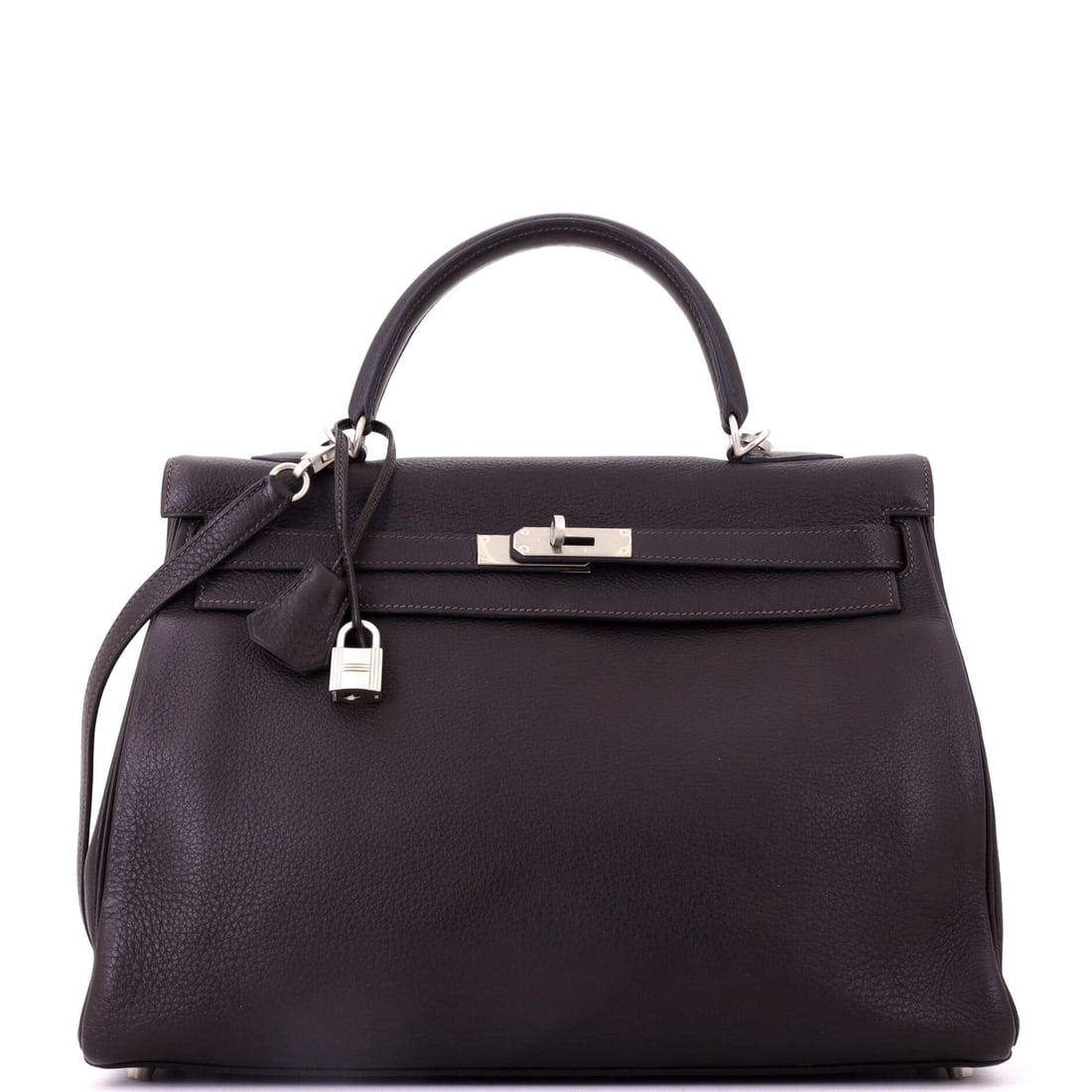 Hermes Kelly Handbag Brown Togo with Brushed Palladium Hardware: Brushed palladium is a matte finish that appears on a small fraction of Hermes hardware, and against brown Togo it makes an unusually quiet Kelly. Large at 14 in wide, 10 in high and 5 in deep. Offere