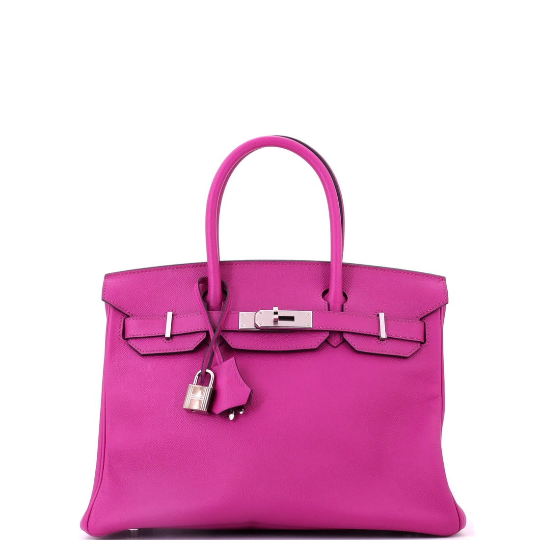 Hermes Birkin Handbag Pink Epsom with Palladium Hardware: Cool fittings sharpen this pink while the structure keeps the Birkin square, at 12 in wide, 9 in high and 6 in deep in Epsom. Color on a Birkin this large narrows the audience and sharpens it at the s