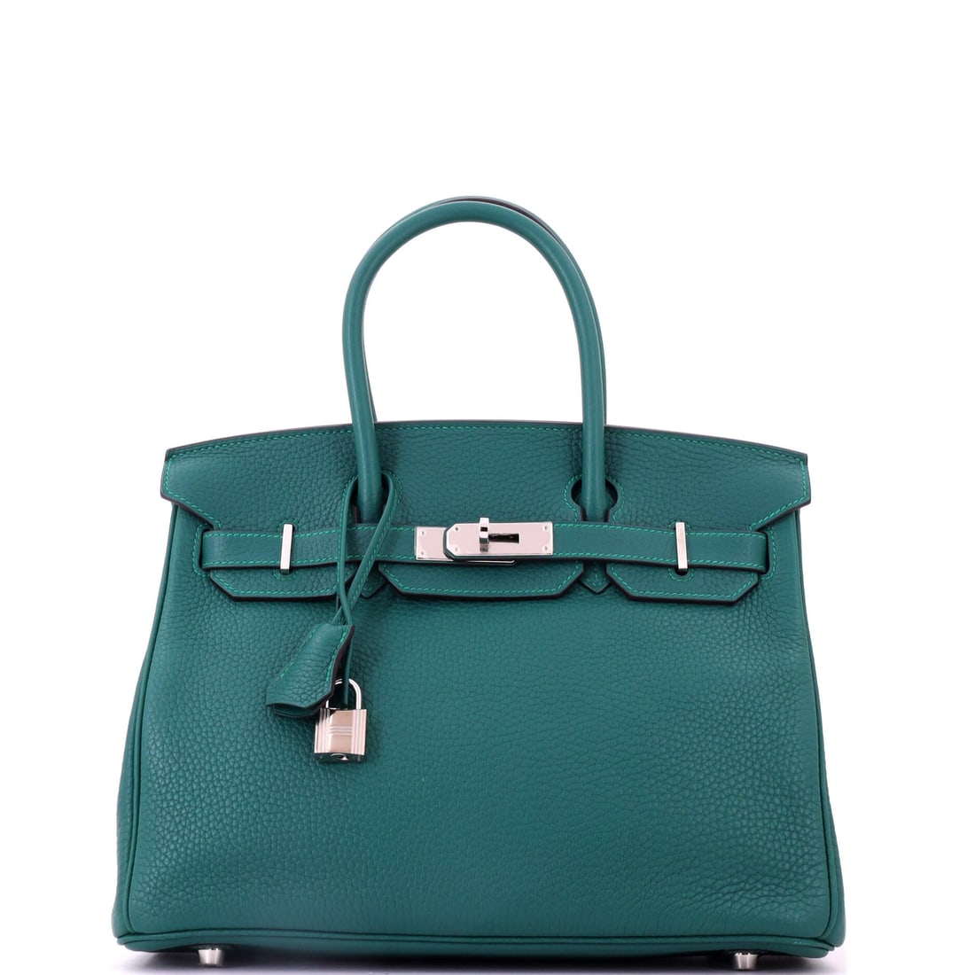 Hermes Birkin Handbag Green Clemence with Palladium Hardware: Green Clemence Birkin with palladium hardware, 11.5 in wide, 9 in high and 6 in deep. Soft grain gives the green a matte depth Epsom cannot produce. Grade C - Very Good. Maison de Beaubigonne authenti