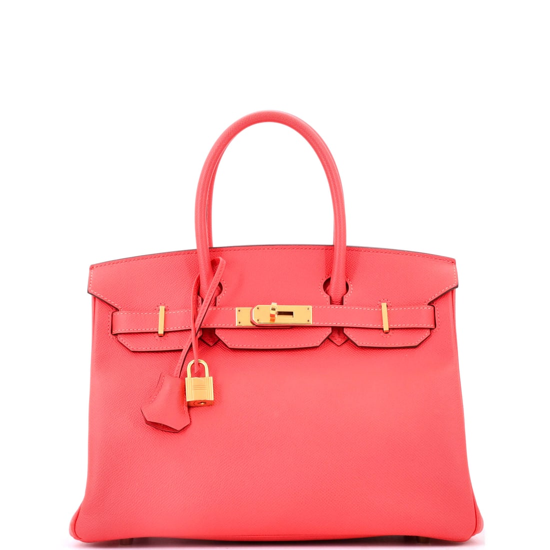 Hermes Birkin Handbag Red Epsom with Gold Hardware: Pressed grain holds Hermes red uniform across every panel, here on a Birkin at 11.5 in wide, 9 in high and 6 in deep with gold hardware. Red and gold is the most traditional pairing Hermes offers on t