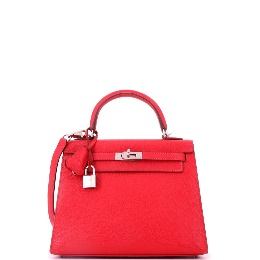 Hermes Kelly Handbag Pink Epsom with Palladium Hardware: Pink Epsom Kelly with palladium hardware, compact at 9.5 in wide, 8 in high and 4 in deep. Grade E - Fair, so this is a bag for a buyer willing to accept significant wear in exchange for the model and