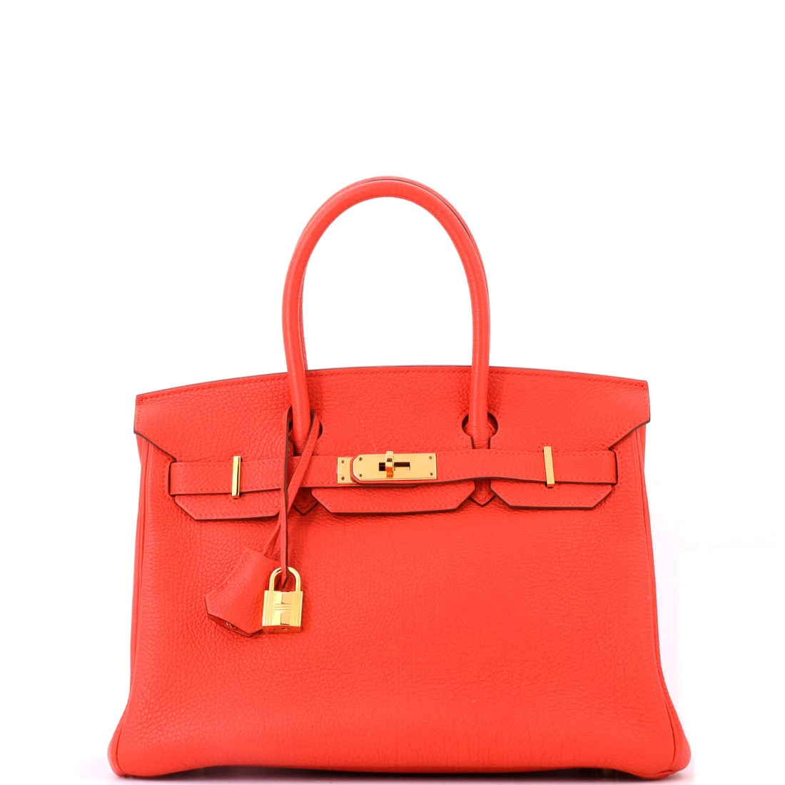 Hermes Birkin Handbag Orange Togo with Gold Hardware: Orange Togo with gold hardware, 11.5 in wide, 9 in high and 6 in deep. The house color and the house finish, on a Birkin in the full working size. Grade C - Very Good. Maison de Beaubigonne authentici