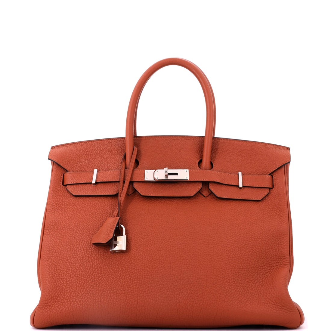 Hermes Birkin Handbag Brown Togo with Palladium Hardware: A Birkin in warm brown Togo with cool palladium fittings at travel scale, 13 in wide, 10 in high and 7 in deep. At this width it takes a laptop, a folio and a day's worth of everything else. Shows as 