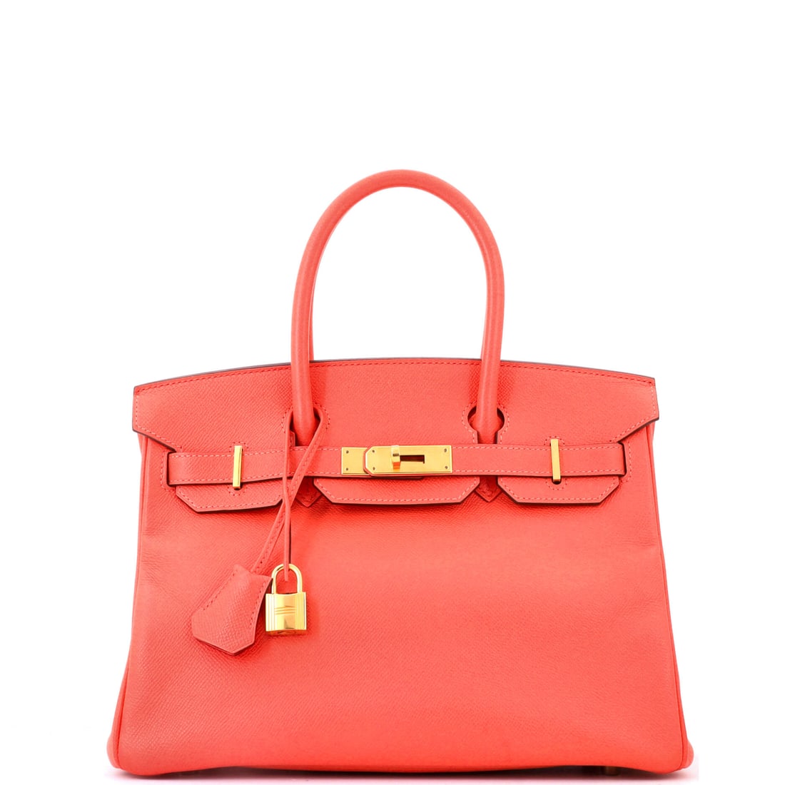 Hermes Birkin Handbag Red Epsom with Gold Hardware: Red Epsom with gold hardware, 12 in wide, 9 in high and 6 in deep. Structure and saturation on a Birkin, with warm metal deepening the color. Offered in Grade C - Very Good condition. Maison de Beaubi