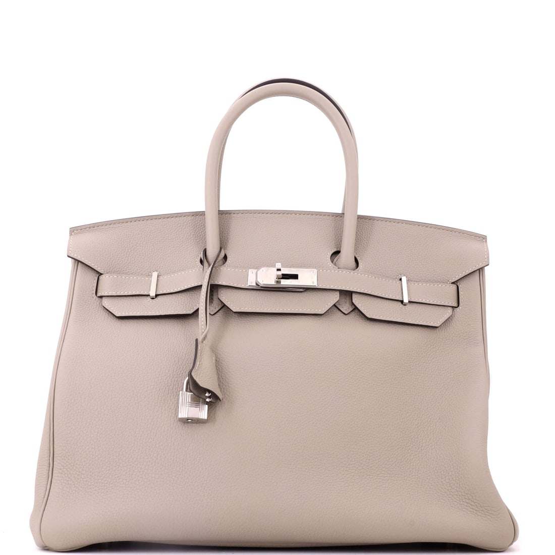 Hermes Birkin Handbag Grey Togo with Palladium Hardware: A grey Togo Birkin with palladium hardware, 13.5 in wide, 10 in high and 7 in deep. Cool throughout, and scaled for travel rather than a day out. Shows as Grade C - Very Good. Maison de Beaubigonne au