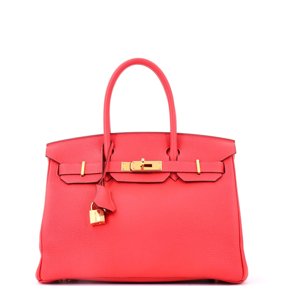 Hermes Birkin Handbag Red Togo with Gold Hardware: One of the colors the house is known for, on the bag that made its name: a red Togo Birkin at 11.5 in wide, 9 in high and 6 in deep with gold hardware. Togo softens with carry, so wear on a bag like t