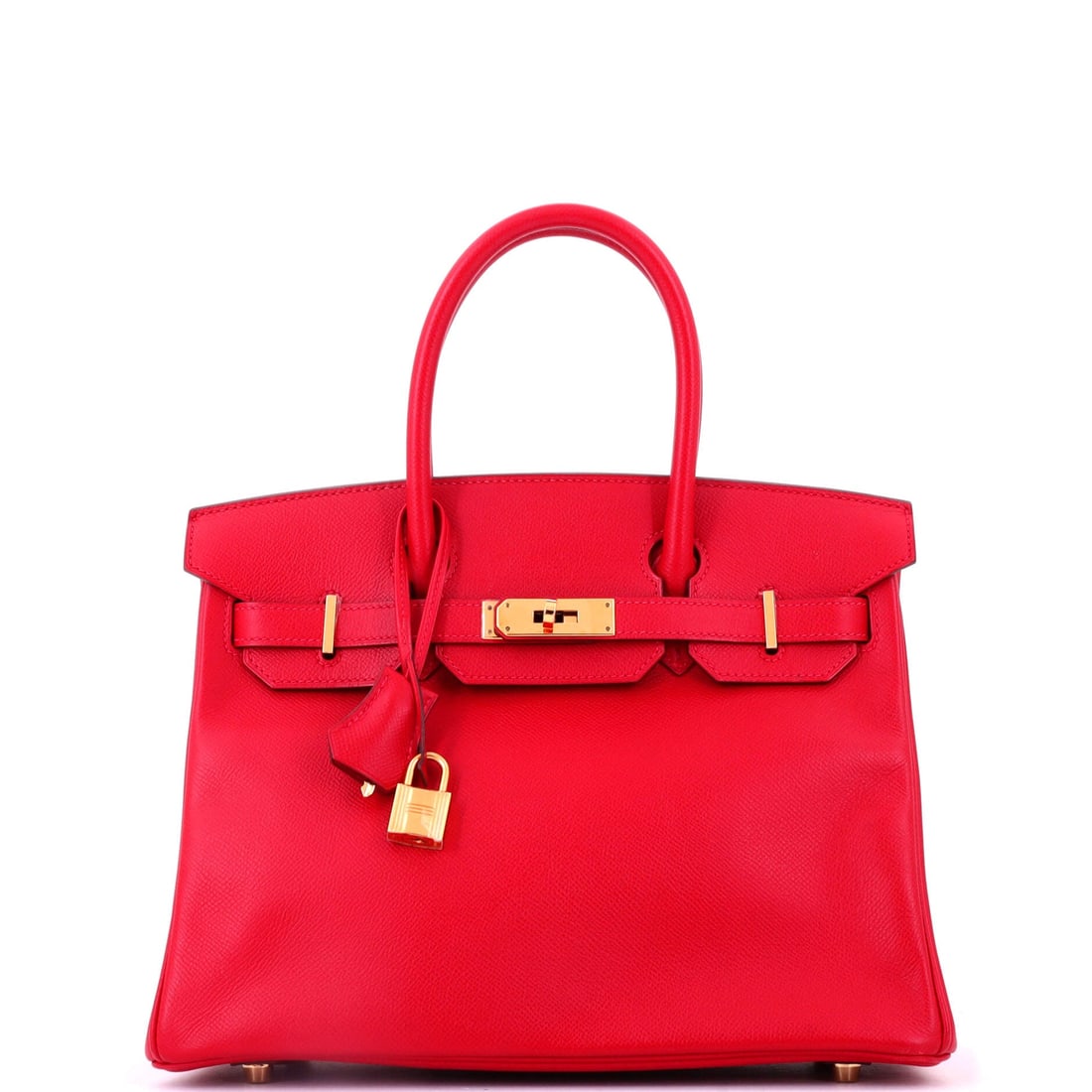 Hermes Birkin Handbag Red Epsom with Gold Hardware: Warm metal against structured red is the richer of the two hardware pairings, on a Birkin measuring 11.5 in wide, 9 in high and 6 in deep. Epsom keeps the corners sharp, which is the first place a Bir