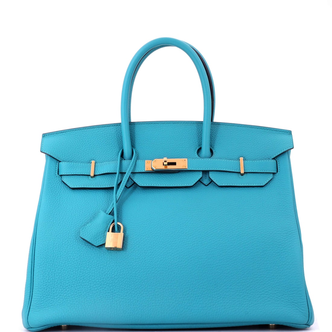 Hermes Birkin Handbag Blue Togo with Gold Hardware: Warm fittings keep a cool color from going cold at travel scale: a blue Togo Birkin at 13.5 in wide, 10 in high and 7 in deep with gold hardware. Warm hardware is an uncommon decision on a blue bag an