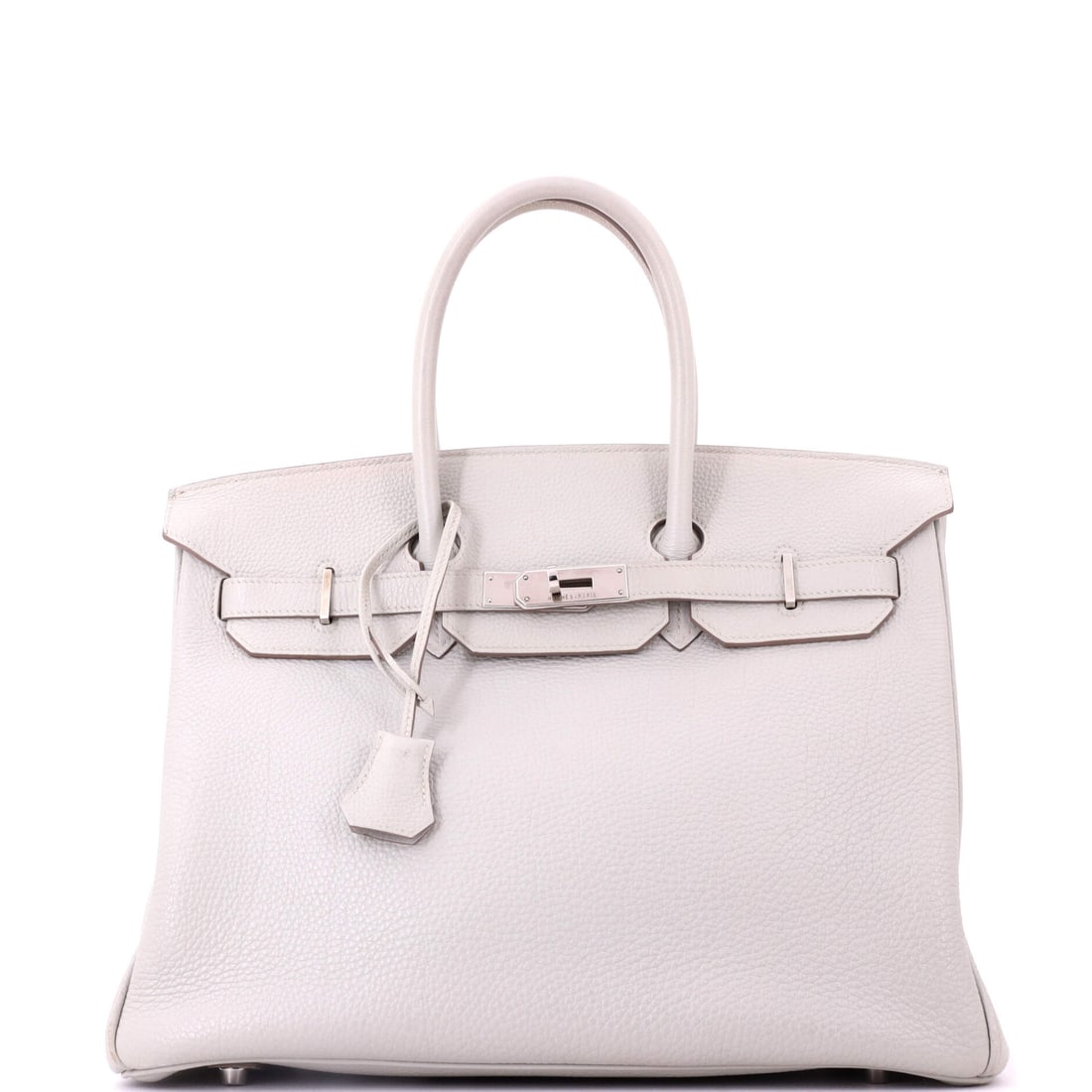 Hermes Birkin Handbag Grey Togo with Palladium Hardware: A grey Togo Birkin at travel scale, 13.5 in wide, 10 in high and 7 in deep, with palladium hardware. Grade E - Fair, which puts a large bag in a durable leather within reach of a bidder who intends