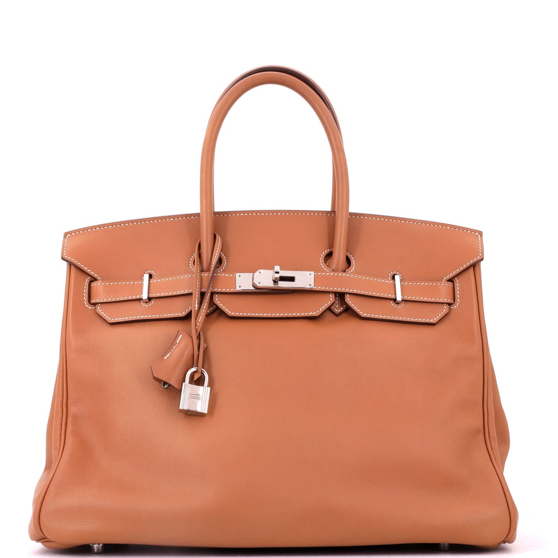 Hermes Birkin Handbag Brown Swift with Palladium Hardware: Brown Swift with palladium hardware, 14 in wide, 10 in high and 7 in deep. Swift is the softest leather Hermes puts on a Birkin this large, and it shows its history readily. Grade F - Poor, so this