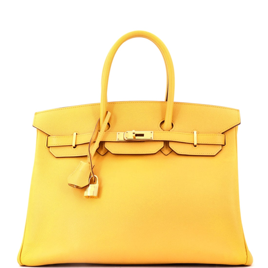 Hermes Birkin Handbag Yellow Epsom with Gold Hardware: Yellow Epsom with gold hardware, 14 in wide, 10 in high and 7 in deep. A Birkin this large in a color Hermes rarely commits to at scale. Grade F - Poor, so bidders should expect significant wear