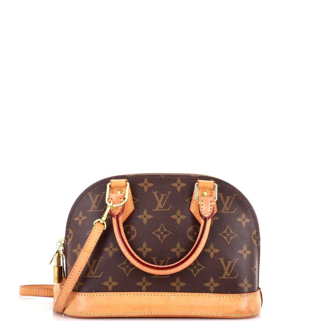 Louis Vuitton Alma Handbag Monogram Canvas: Alma Handbag in Monogram Canvas: an arched silhouette with structured sides and a zip that runs over the top. It is one of the few Louis Vuitton shapes that reads equally well as a work bag and an eve